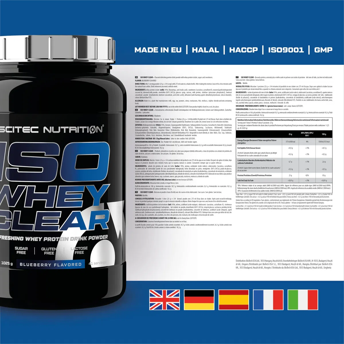 Scitec Nutrition Iso Whey Clear - Boisson protéinée rafraîchissante - Sans sucre - Sans lactose - Sans gluten - Sans huile de palme, 1025 g, Myrtille