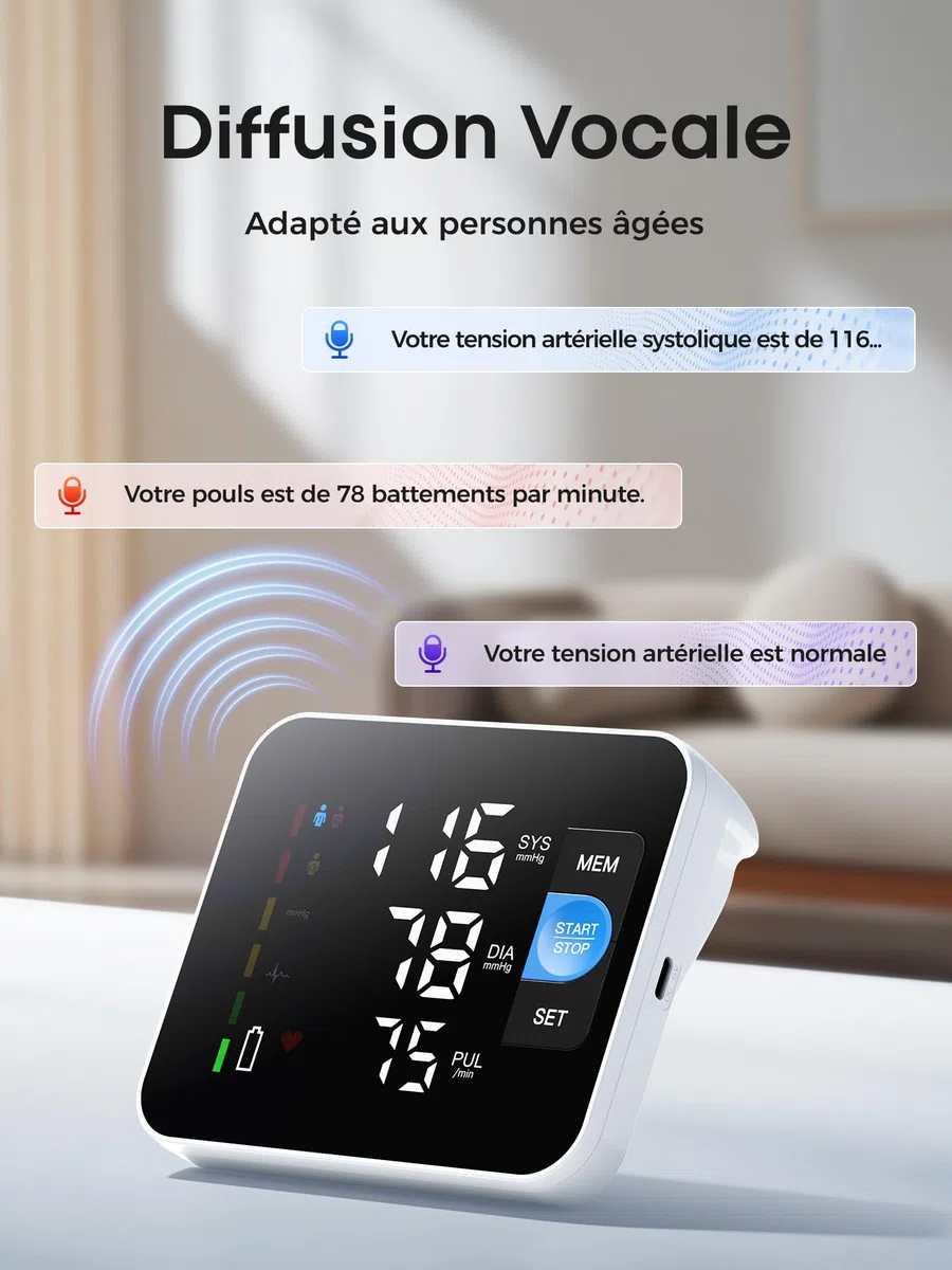 Tensiometre Bras, Affichage Numérique LED le Tensiomètre Bras Professionnel, 3 x 199 Utilisateurs, Appareil Tension Artérielle Bras avec Annonce Vocale en Anglais, Circonférences de Bras de 22 à 42 cm