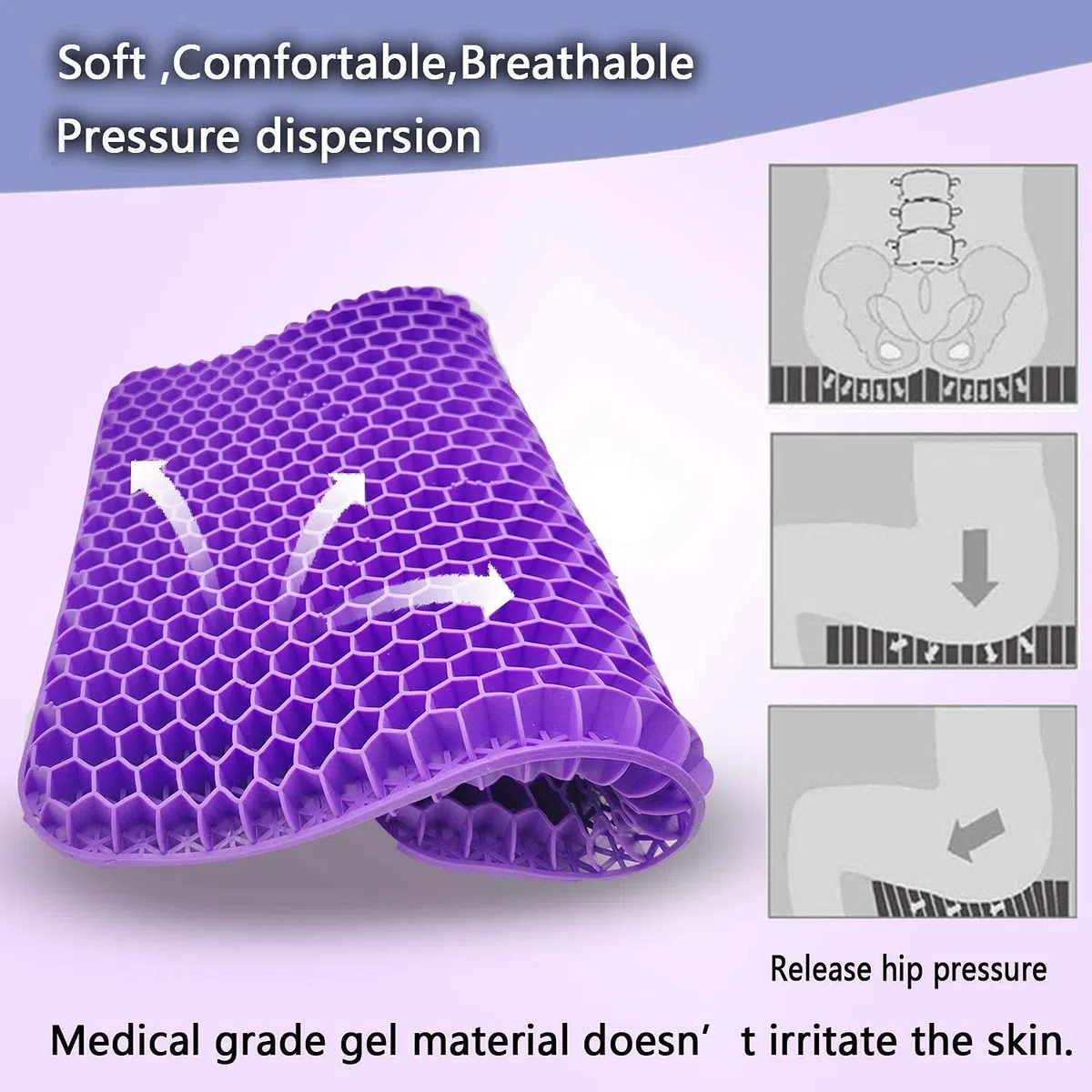 Coussin de Chaise,Coussin de Gel Respirant, Coussin Anti Escarres, Soulage la Pression sur Le Orthopédique avec Housse Antidérapant pour Voiture/Bureau/Maison/Fauteuil Roulant (Violet)
