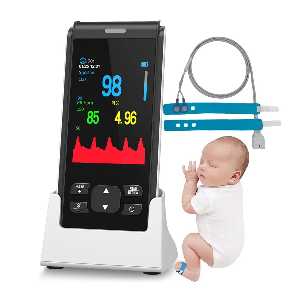 Oxymètre de Pouls Pédiatrique avec Sangle, Moniteur SpO2 et Fréquence Cardiaque pour Bébé/Enfant, Écran OLED Couleur, Batterie Rechargeable 2000mAh, Base de Chargement, Indice de Perfusion (PI)