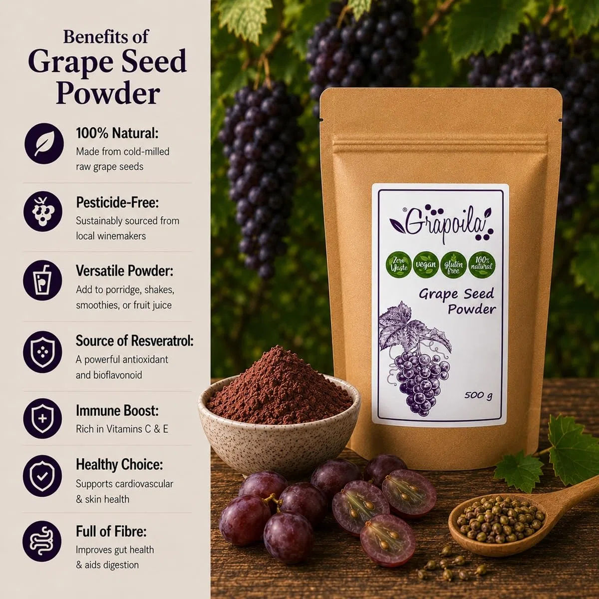 Poudre de pépins de raisin 500 g – Superaliment sain – Source naturelle de resvératrol