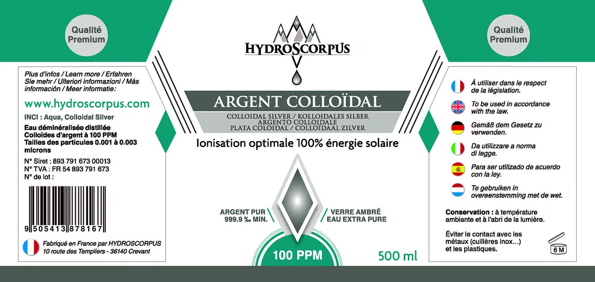 Argent Colloïdal 100PPM 500ml BOUTEILLE VERRE ●Fabriqué en FRANCE●Oligo élément Bio Disponible 100% Naturel ●Ionisation 100% énergie solaire●Protections Produits 100% compostables …