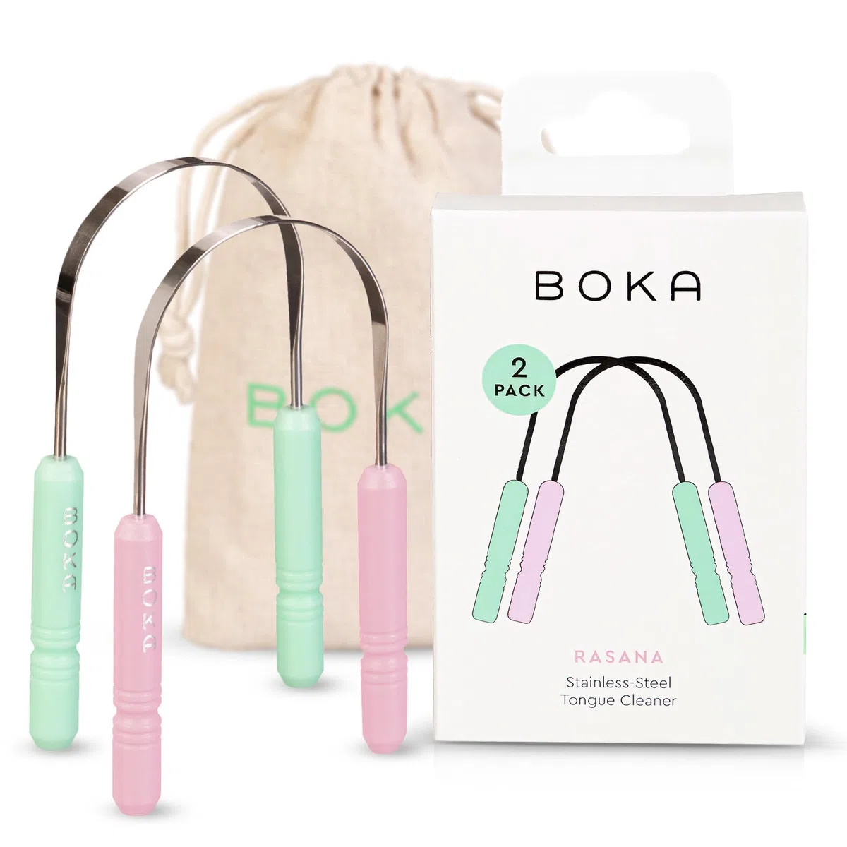 Boka Gratte-langue pour adultes et enfants avec étui – Nettoyeur de langue en acier inoxydable avec pochette de voyage en lin – Brosse pour enlever l'accumulation de langue et rafraîchir l'haleine