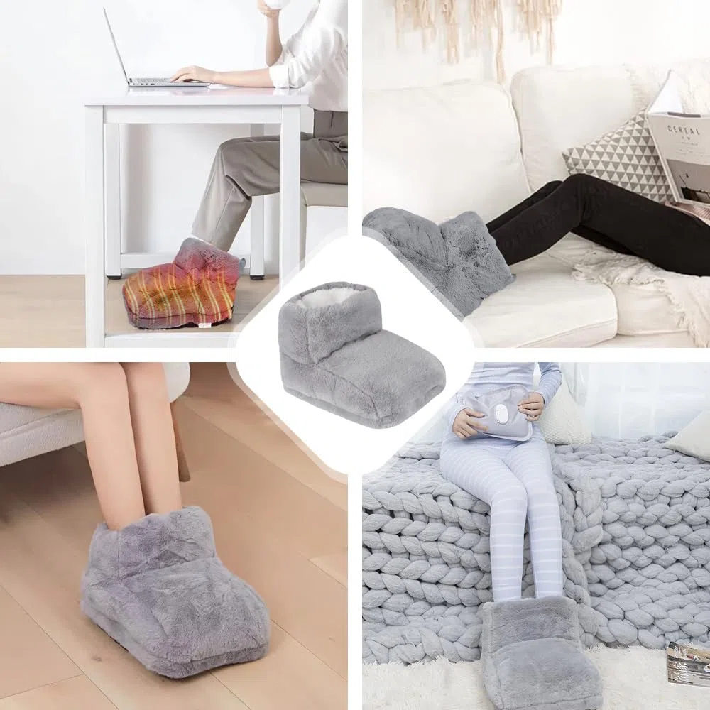 Chauffe-Pieds, Chauffe Pied Non Électrique, 2 in 1 Chauffe-Pieds Peluche avec 1L Bouillottes, Bottes Chauffants, Super Doux et Chaud, 30x25cm Chausson Chauffant pour Femme Homme (Gris)