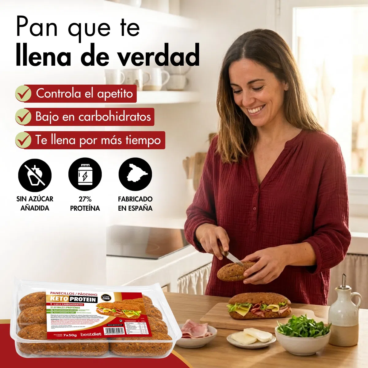 Keto Protein Bestdiet - Panecillos Proteicos Keto, Bajos en Azúcar, Alto en Fibra y Proteínas, Saciantes y Quemagrasas, con Trigo, Avena, Soja. (Pack de 3 paquetes de 350 g)
