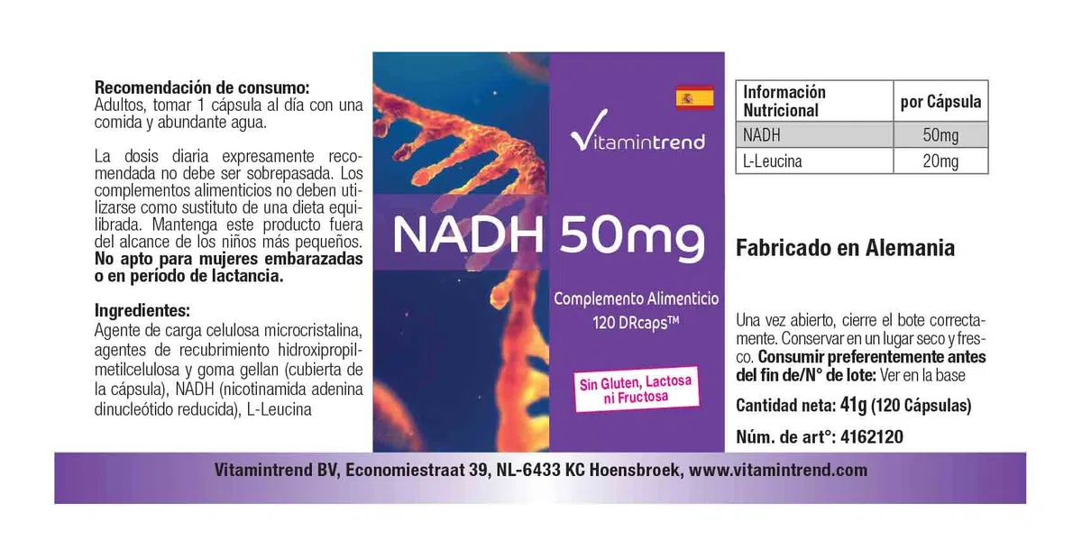 Vitamintrend NADH hautement dosé 50 mg, 120 capsules, facile à avaler, DRcaps à libération retardée, complément alimentaire végan sans additifs, fabriqué en Allemagne