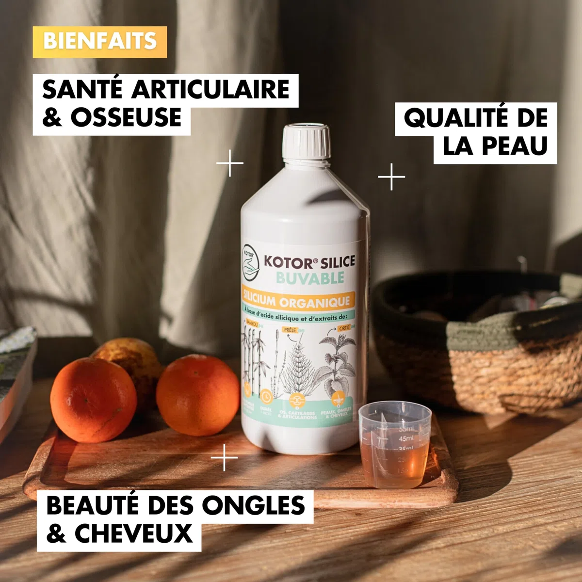 KOTOR SILICE BUVABLE 1L | Silicium Organique Francais & Naturel | Fortement Dosé | Santé des Articulations, Cartilages, Os, Peau, Cheveux, Ongles | Silicium + Ortie + Prêle + Bambou | 1 mois