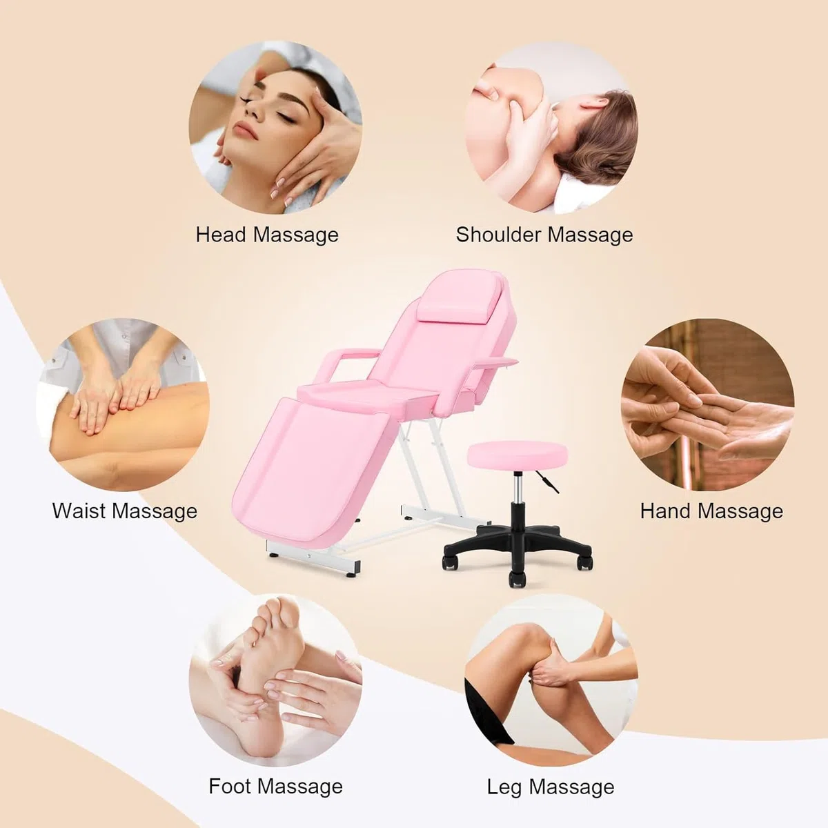 Table de Massage avec Tabouret Lit Massage Pliante 3 Zones Rose | en Cuir PU avec l’Appui-Tête Amovible Accoudoirs Réglables Lit Esthéticienne Physiothérapie, Tattoo