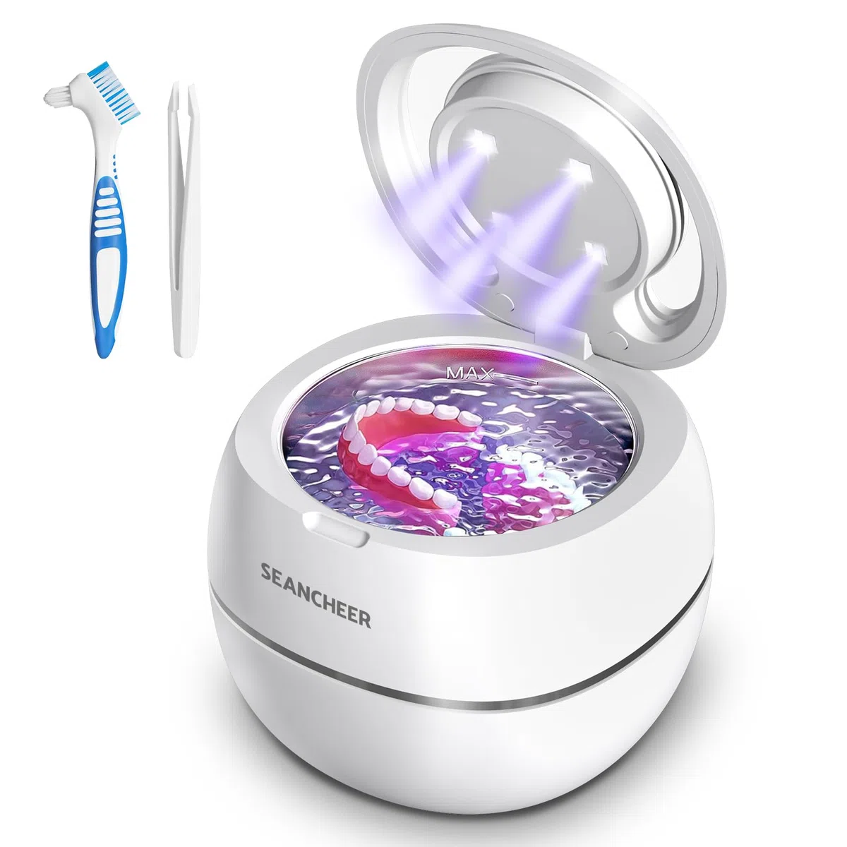 SEANCHEER Nettoyeur Ultrasons 48000Hz Bac Ultrason | 24W | 180ML | Mini Ultrasonic Cleaner Portable avec Lampe UV pour | Prothèses Dentaires | Gouttière Dentaire | Retainer | Bijoux | (Blanc)