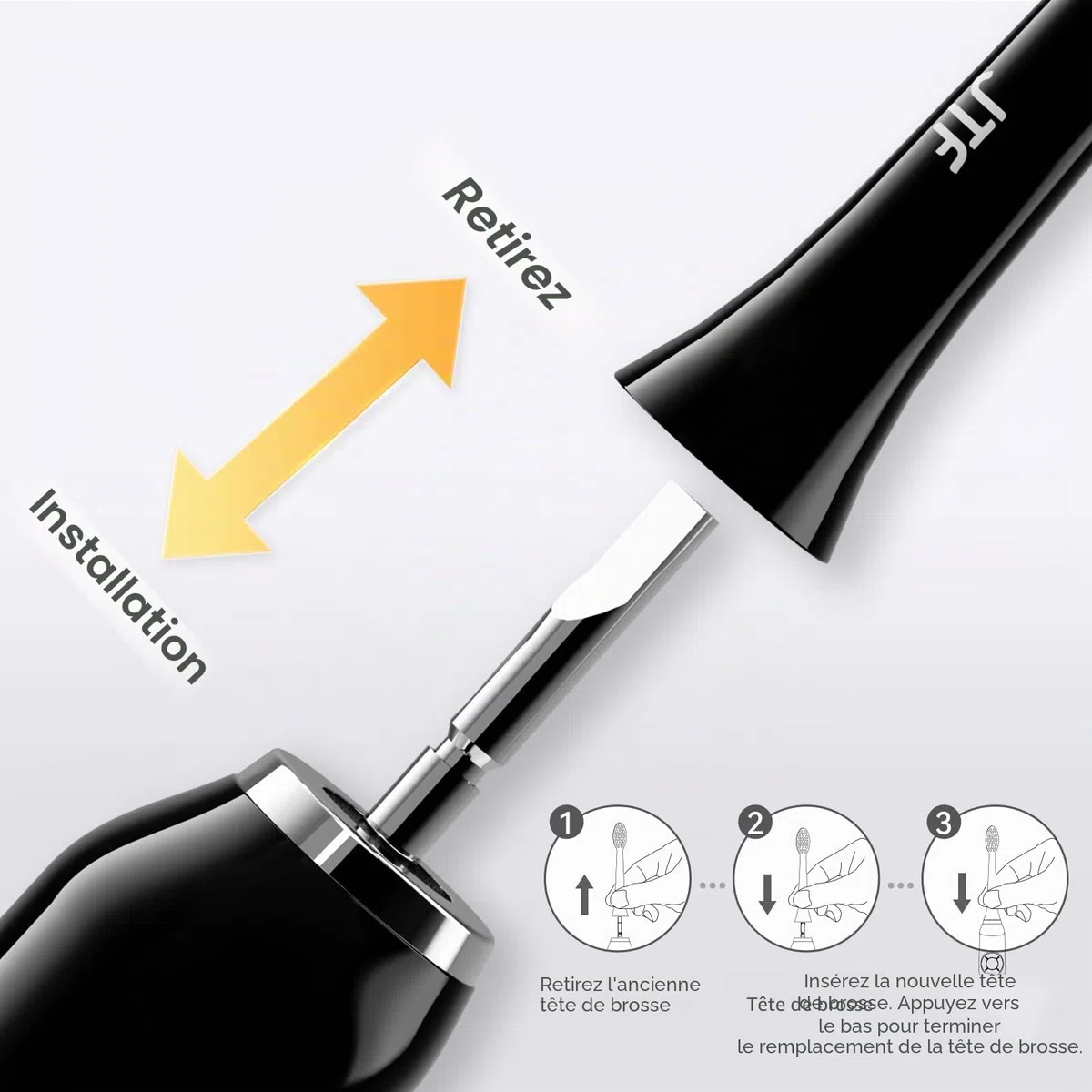 9 têtes de rechange pour brosse à dents électrique JTF, poils moyens, adaptées pour P200 (noir)