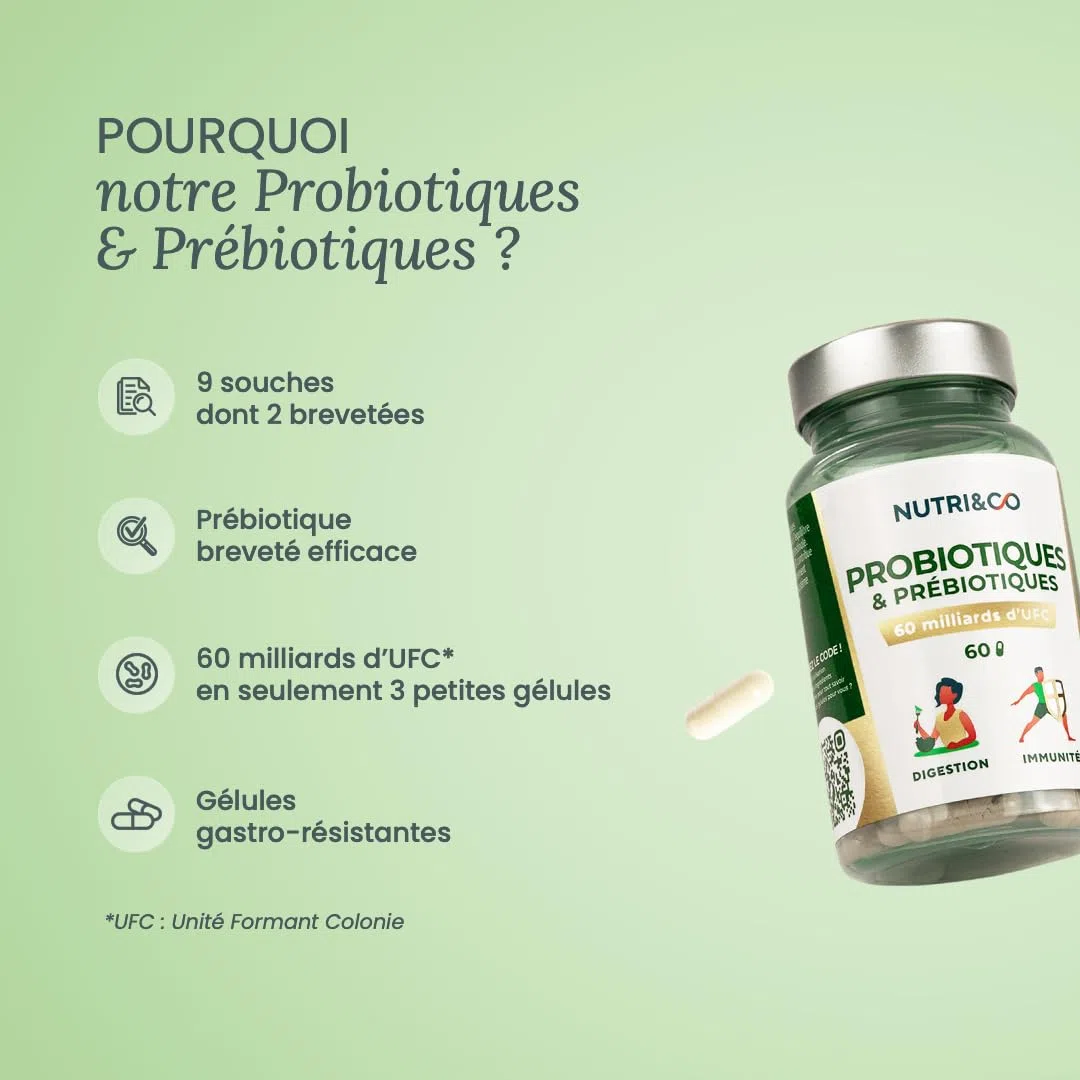 NUTRI & CO Probiotique Flore Intestinale - 60 Milliards UFC/jour - 9 Souches dont 2 Lactobacillus Brevetées - 60 Gélules Gastro-Résistantes aux Enzymes Digestives - Conditionné en France