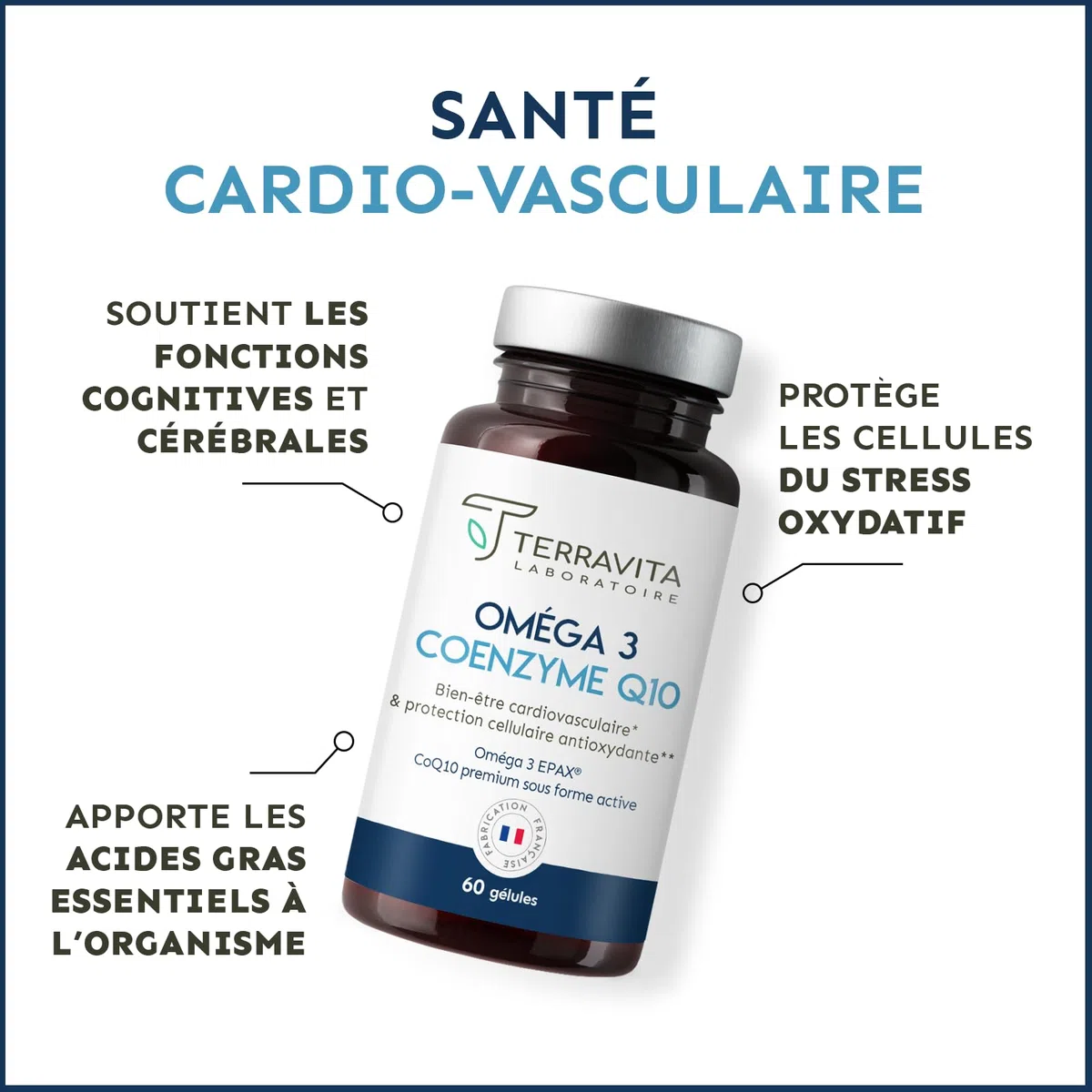 Oméga 3 Brevetés EPAX® + Coenzyme Q10 Ubiquinol Kaneka® | Poissons Sauvages | Système Cardiovasculaire - Immunitaire - Cérébral | TOTOX Ultra Faible | 60 Capsules | Made in France | Terravita