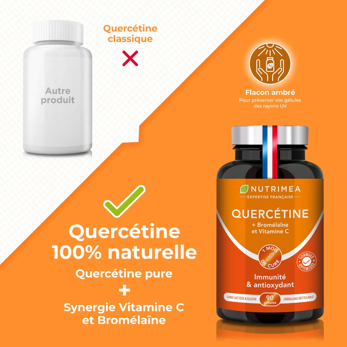 QUERCETINE - 600 mg - Vegan & Sans Excipient - Avec Bromelaine & Vitamine C Végétales - Puissant Antioxydant, Renforce l'Immunité - Nutrimea - 90 Gélules - Fabriqué en France