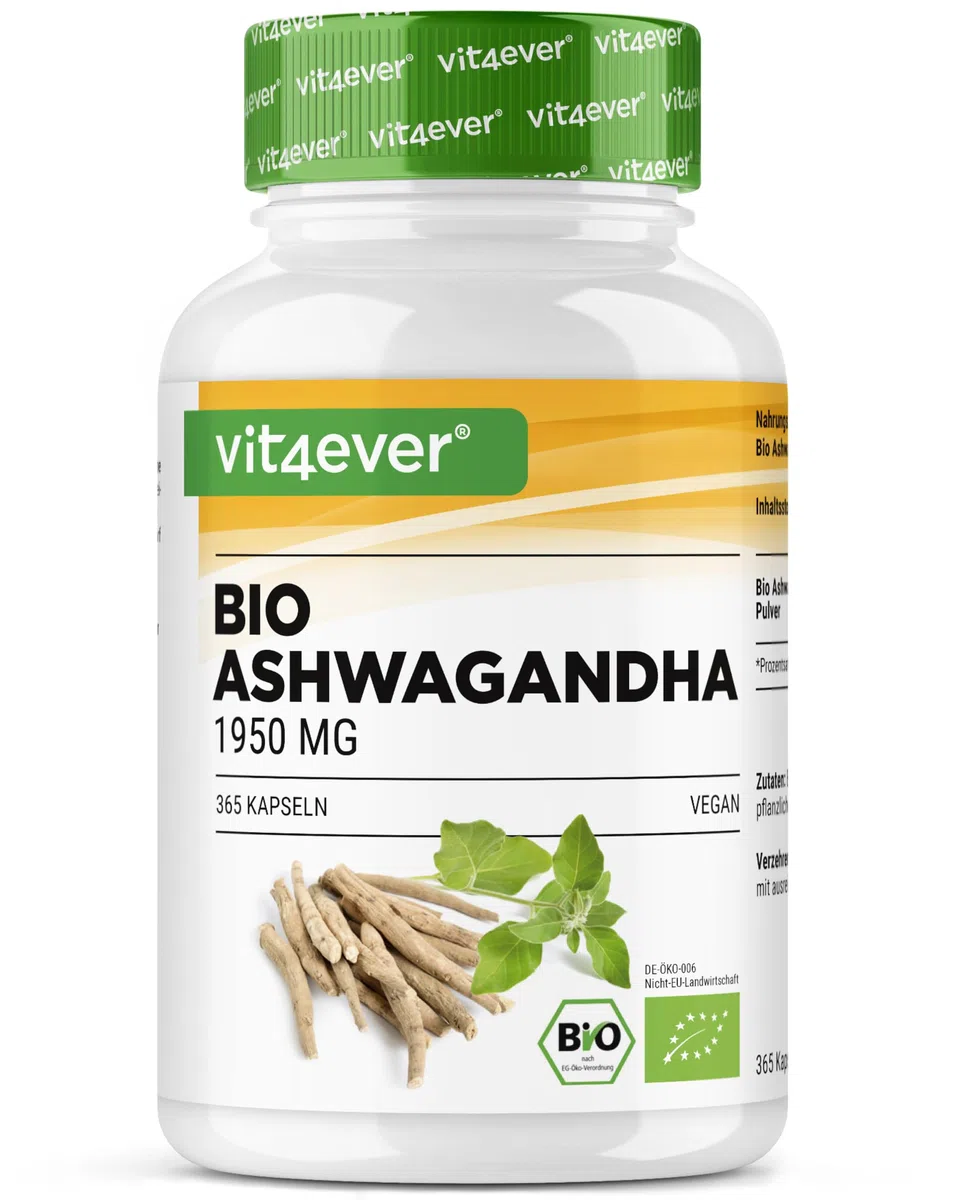 vit4ever Original Bio Ashwagandha - 365 gélules - Hautement dosé avec 1950mg par portion journalière - Véritable baie du sommeil indienne - Testé en laboratoire - Vegan