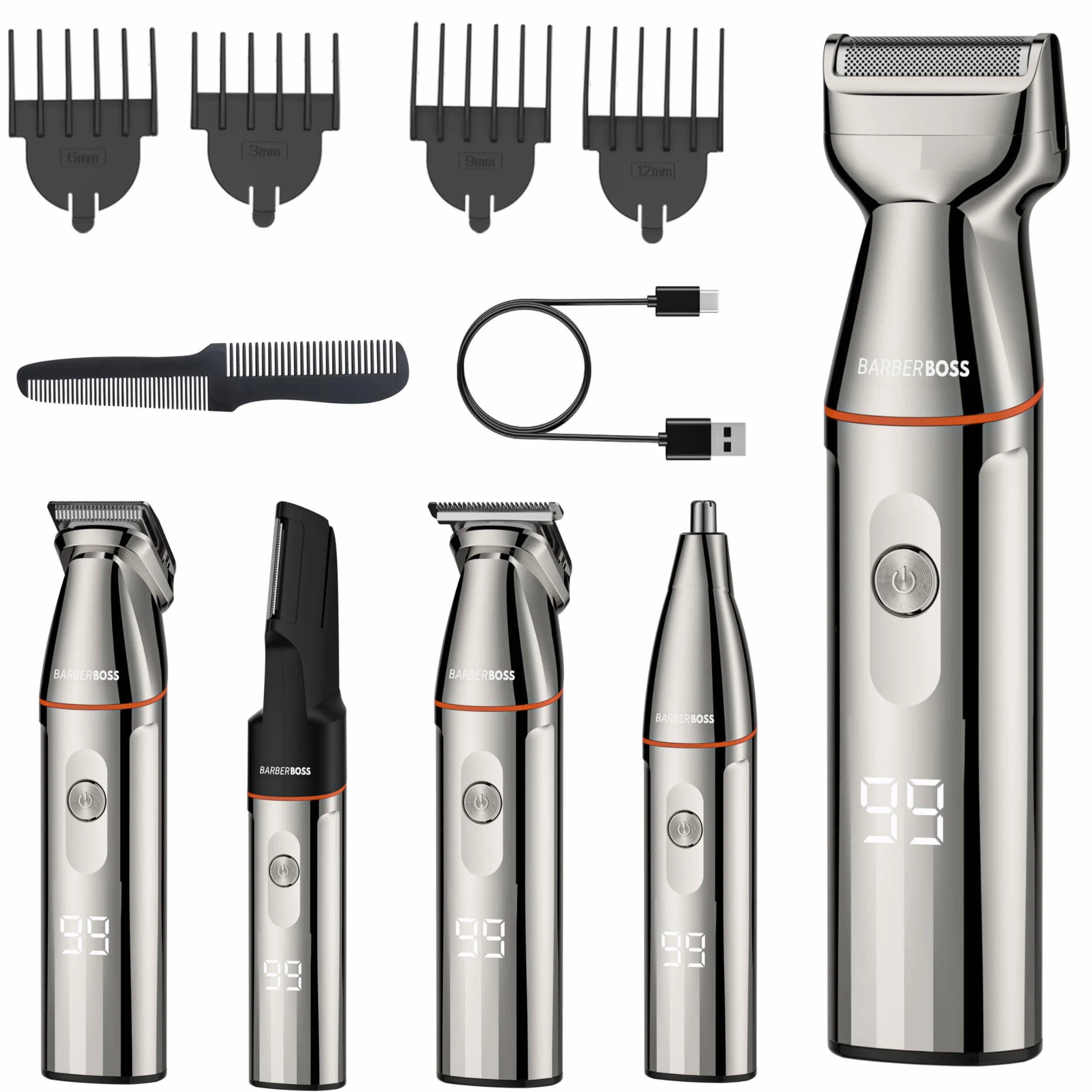 BarberBoss Kit tondeuse à barbe sans fil pour homme, rasoir 5 en 1 avec tondeuse à cheveux, tondeuse nez, recharge USB-C et lames en acier inoxydable, toiletteur corporel