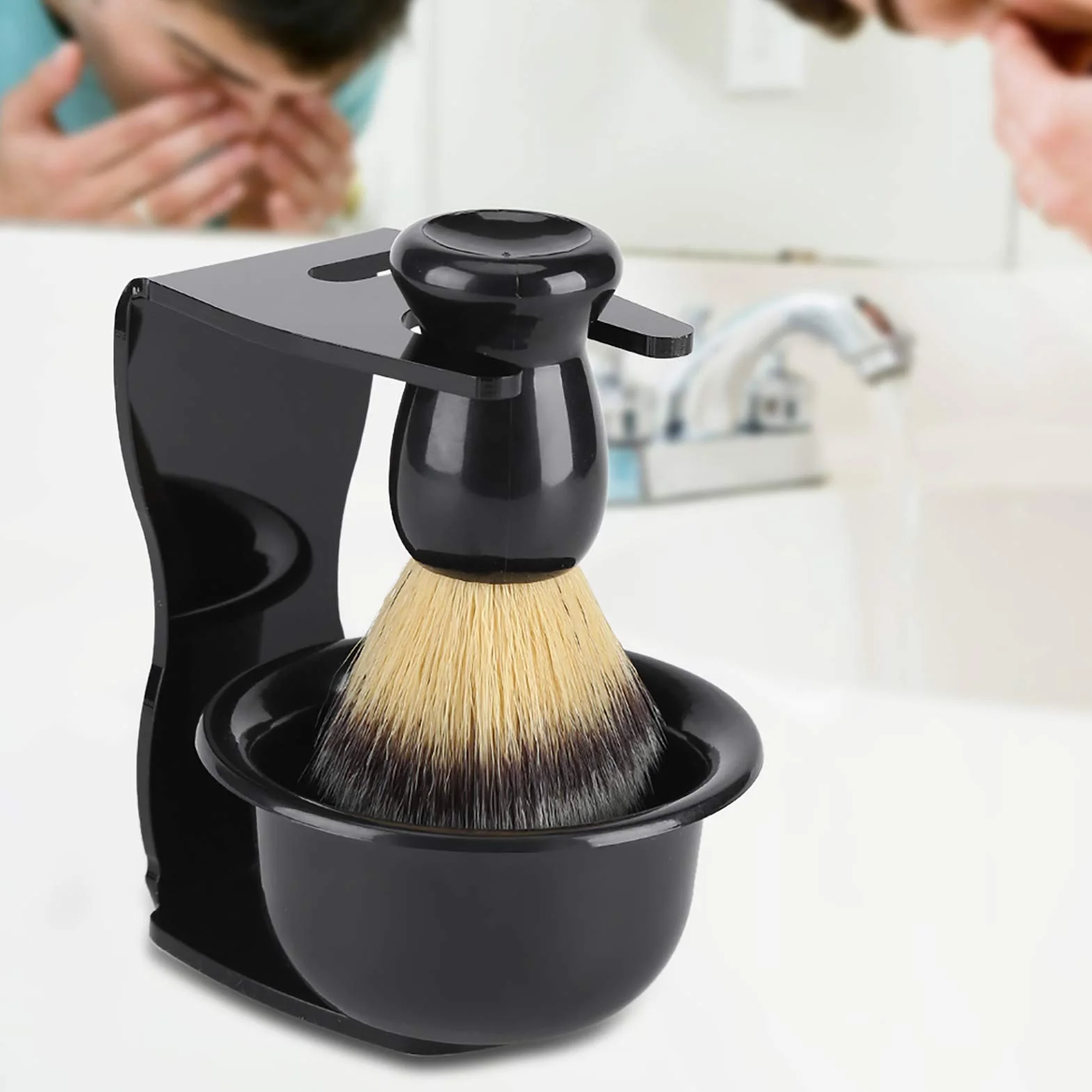 Kit de Blaireau de Rasage pour Homme 3 en 1 Ensemble de Blaireau et Bol de Rasage Support de Support de Rasoir de s¨¦curit¨¦ Traditionnel Humide Proche kit de Rasage Hommes Manuel Outil