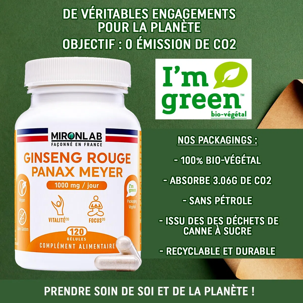 Ginseng Rouge de Corée - Racine - Haut Dosage 1000mg - Ginsénosides 12.5mg - 120 Gélules / 2 Mois - Extrait Naturel Panax Meyer - Anti Stress & Booster d’Energie - Laboratoire Français MIRONLAB