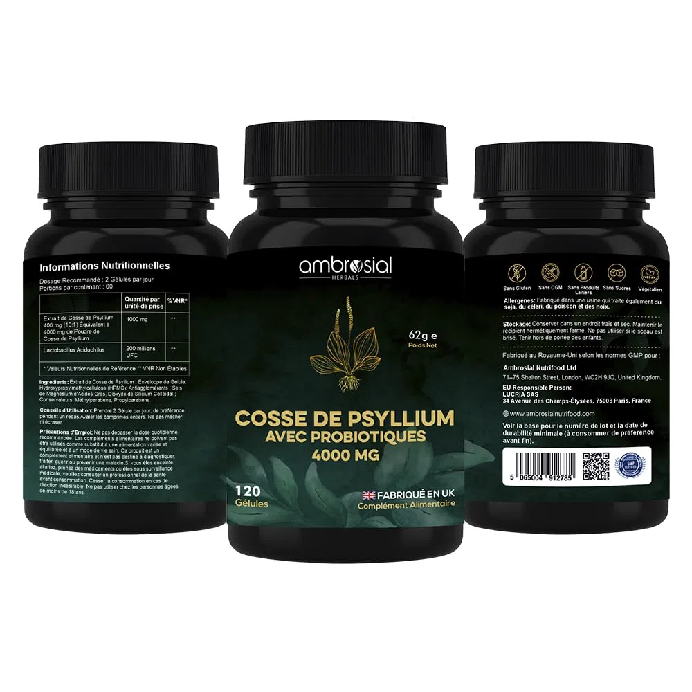 Ambrosial Psyllium Husk 4000 mg avec Probiotiques – Complexe Fibres & Probiotiques 2-en-1 à Base de Plantes – Source Quotidienne de Fibres avec Lactobacillus Acidophilus – 120 Capsules Végan – Sans OG