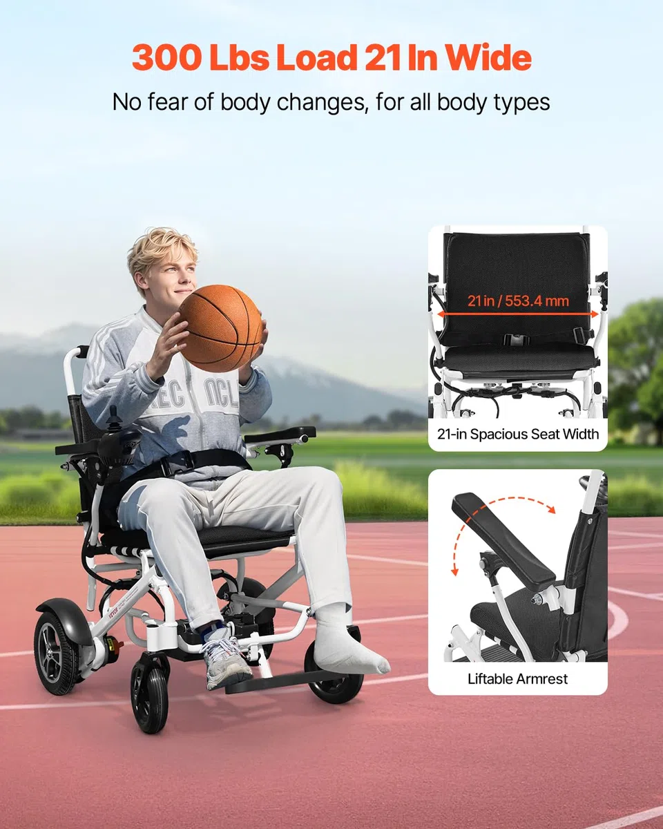 VEVOR Fauteuil Roulant Électrique, Capacité de Charge 136 kg, Autonomie 21 km, Siège Spacieux Confortable 533,4 mm, Fauteuil Roulant Motorisé Pliable Léger Portable pour Personnes Âgées, Handicapées