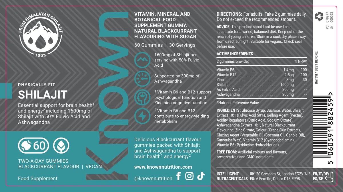 Known 1600mg Shilajit Gummies avec Ashwagandha – Saveur Cassis – Complément Gommes Végan – 50% Acide Fulvique avec Vitamin B12 & Zinc – Énergie & Métabolisme – Cure 1 Mois – Pour Hommes & Femmes