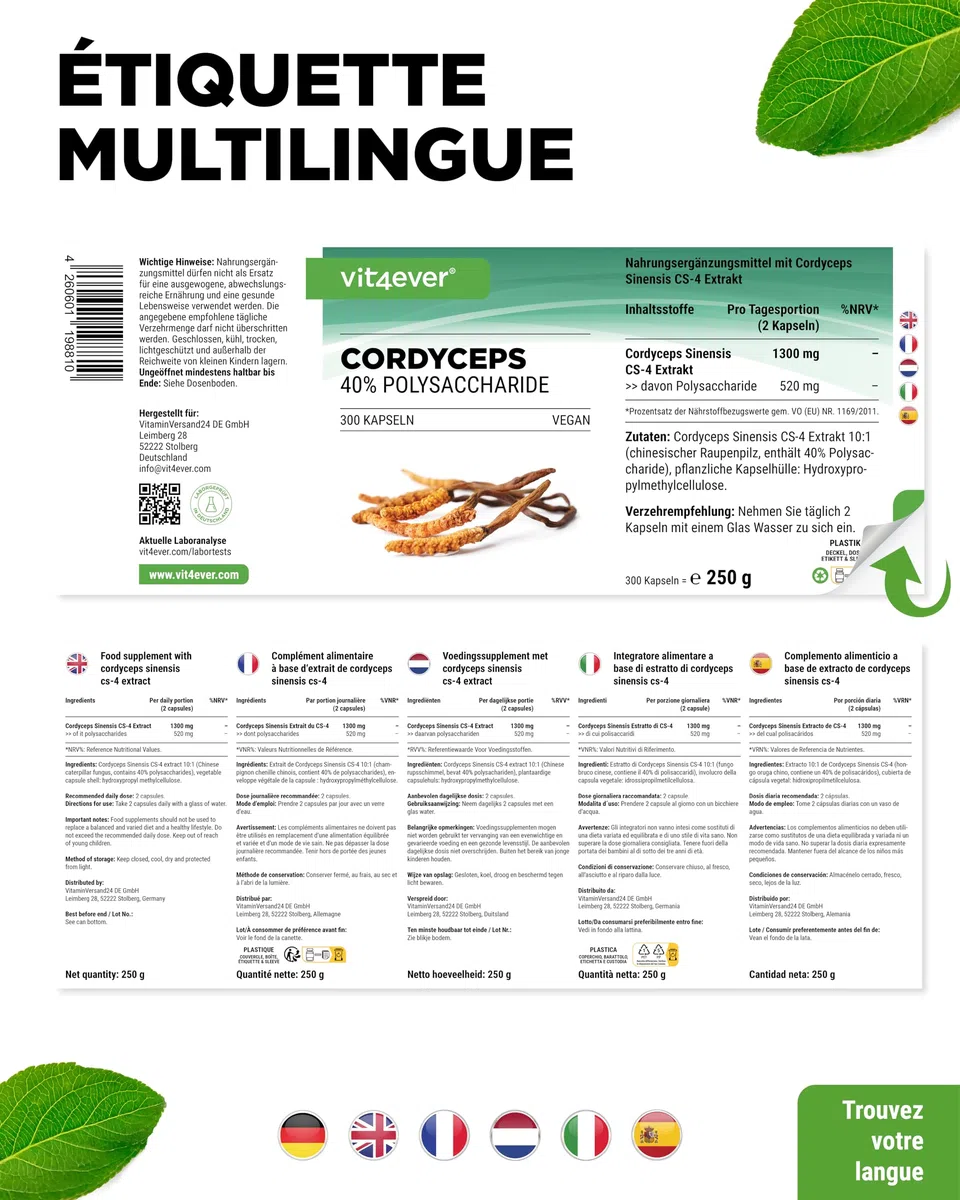 Champignon Cordyceps - 300 capsules avec 650 mg de Véritable Extrait de CS-4-40% de Polysaccharides Bioactifs - Haute Dose - Champignon Chenille - Vegan