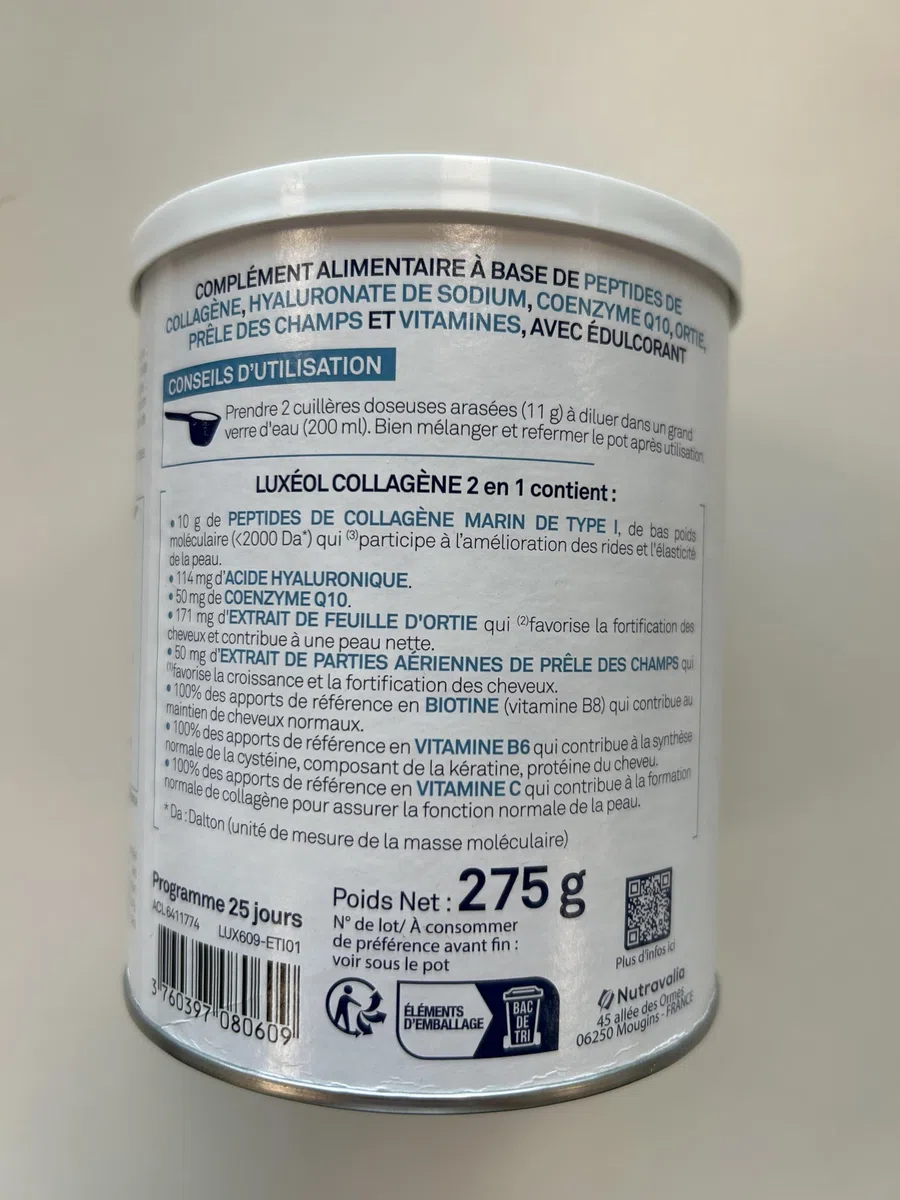 Luxéol - Collagène 2 en 1 - Complément Alimentaire - Croissance(1) & Fortification(1)(2) - Rides(3) & Elasticité(3) - 10 g Collagène Marin Type l + Acide Hyaluronique + coQ10-275 g (Programme 25 j)