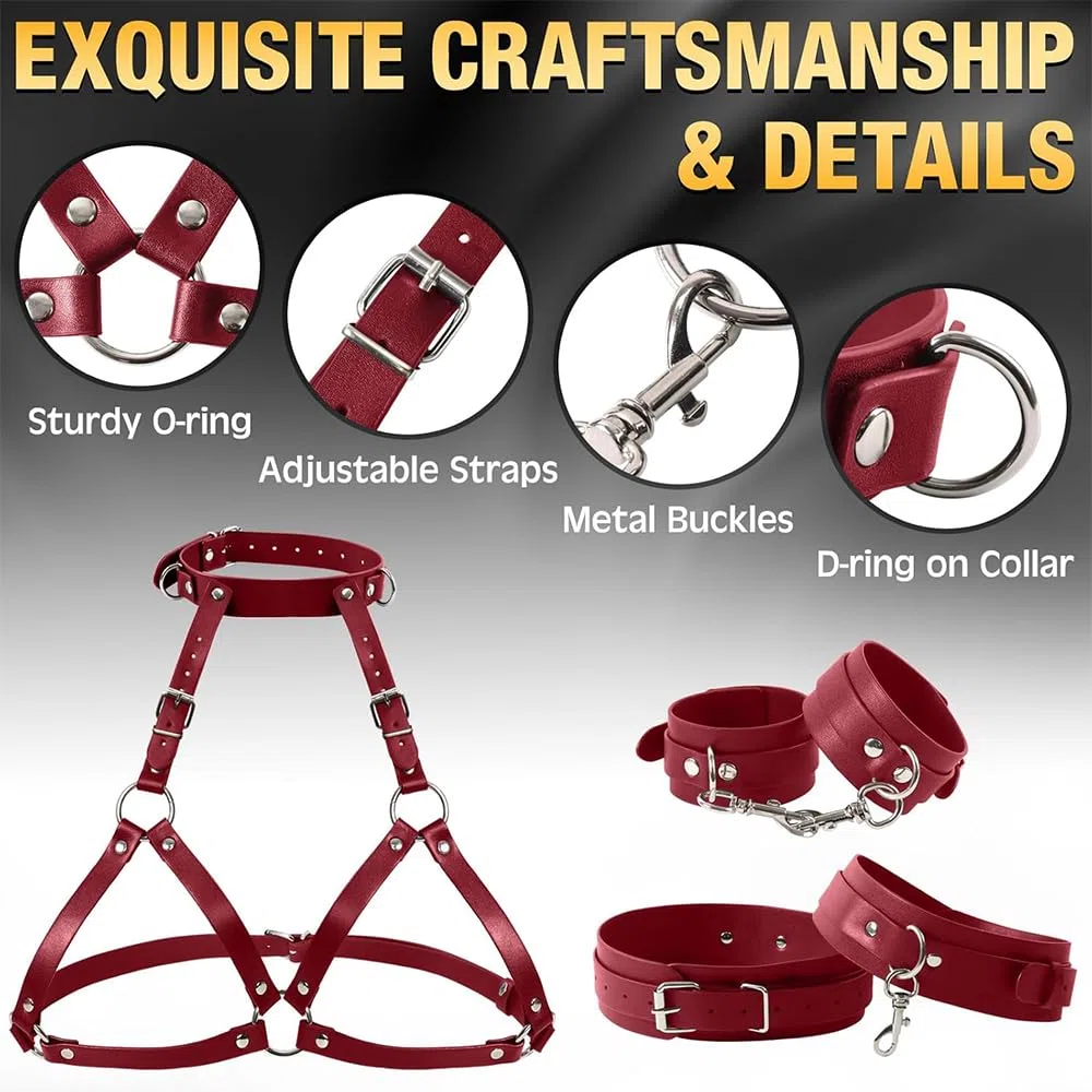 Écharpe de bondage de poitrine de yoga, harnais de cuisse en cuir du cou à la cuisse, menottes de poignet et de cuisse, jeu de couple pour femmes et jouets de couple (rouge)