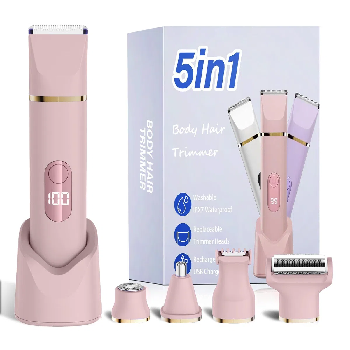 Épilateur Bikini 5-en-1 pour Femmes, Rasoir Électrique Corporel sans Fil Étanche IPX7, 5 Têtes Interchangeables pour Épilation Visage, Jambes et Zone Intime, Lame Céramique, Recharge USB (Rosa)