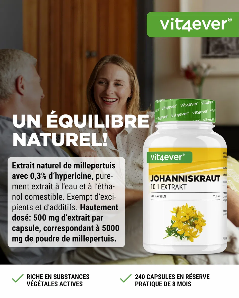 Millepertuis -240 capsules avec 500 mg d'Extrait fabriqué à partir de 5000 mg de Millepertuis pur - Extrait Naturel 10:1 - Hautement Dosé - Vegan