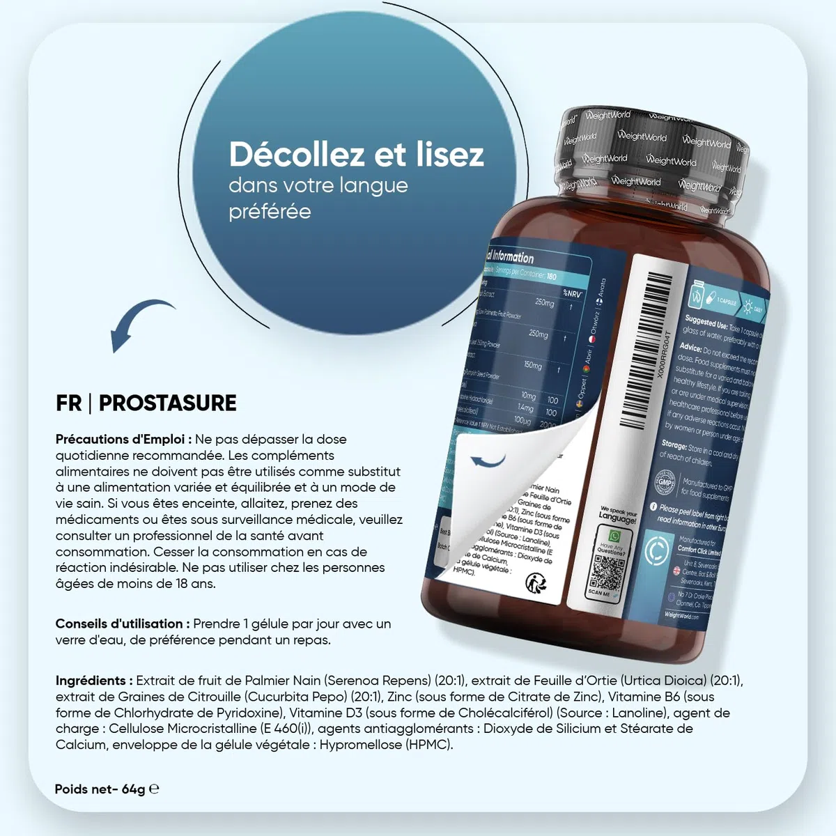 Prostasur 180 Gélules, avec Saw Palmetto Palmier Nain, Vitamines et Minéraux - Zinc, Vitamine B6 Vitamine D3, Graine de Courge Citrouille, Feuilles d'Ortie, 6 Mois - Prostasur pour Homme Extrait 20:1