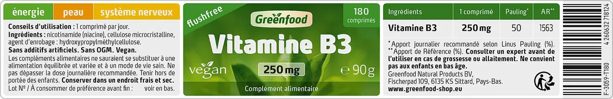 Greenfood Vitamine B3, flushfree, 250 mg, dose élevée, 180 comprimés, vegan - pour le fonctionnement normal du système nerveux SANS additifs artificiels. Sans organisme génétiquement modifié.