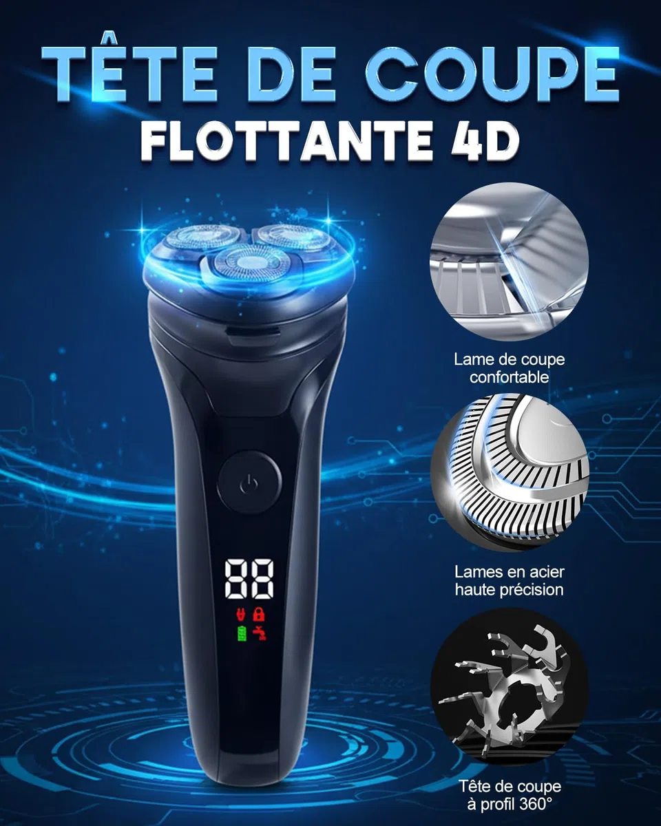 Rasoir Électrique Homme avec Écran LCD, Rasoir Électrique Sans Fil Rechargeable, IPX5 Étanche pour Rasage Sec et Humide, 3 Têtes Rotatives Double Piste, Tondeuse Pop-Up Intégrée, Peau Sensible(Noir)