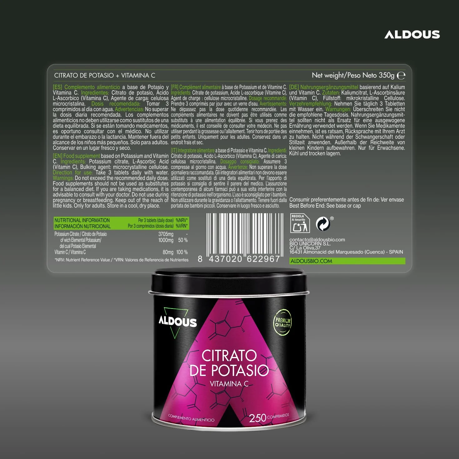 Citrate de potassium 3705 mg - 250 comprimés non enrobés - Potassium pur 1000 mg + Vitamine C 80 mg - Supplément sportif - Muscle, pression sanguine, système nerveux - Sans plastique - ALDOUS