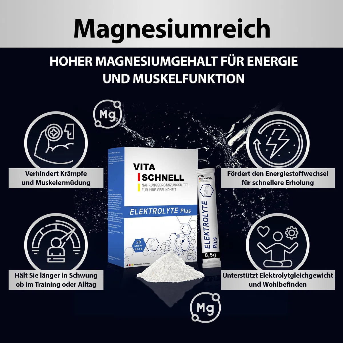 VITA SCHNELL Electrolytes Plus solution de réhydratation - perte d'eau et de sels corporels, après le sport - 3x 20 sticks de 8,5 g