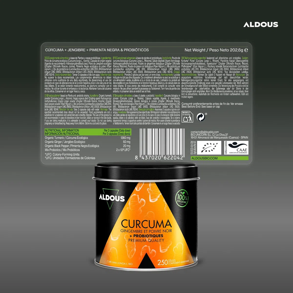 250 Gélules PROBIOTIQUES + Curcuma BIO au Gingembre et Poivre Noir - 1460mg - Curcuma à base de Curcumine et Pipérine - Anti-inflammatoire Naturel - Formule Avancée - Certifié Bio - ALDOUS
