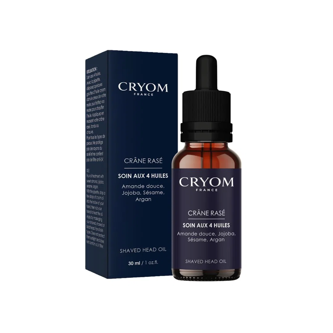 Huile pour crâne rasé, tondu ou chauve (huiles d'Amande douce, Jojoba, Sésame et d'Argan), flacon pipette de 30 ml, 99% d'ingrédients d'origine naturelle, cosmétique pour hommes.