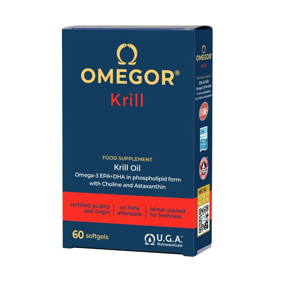 Omegor Krill - Complément alimentaire avec phospholipides, choline, Oméga-3 et astaxanthine à haute biodisponibilité - 260 mg d'EPA et DHA - Sans arrière-goût - Facile à avaler - 60 capsules