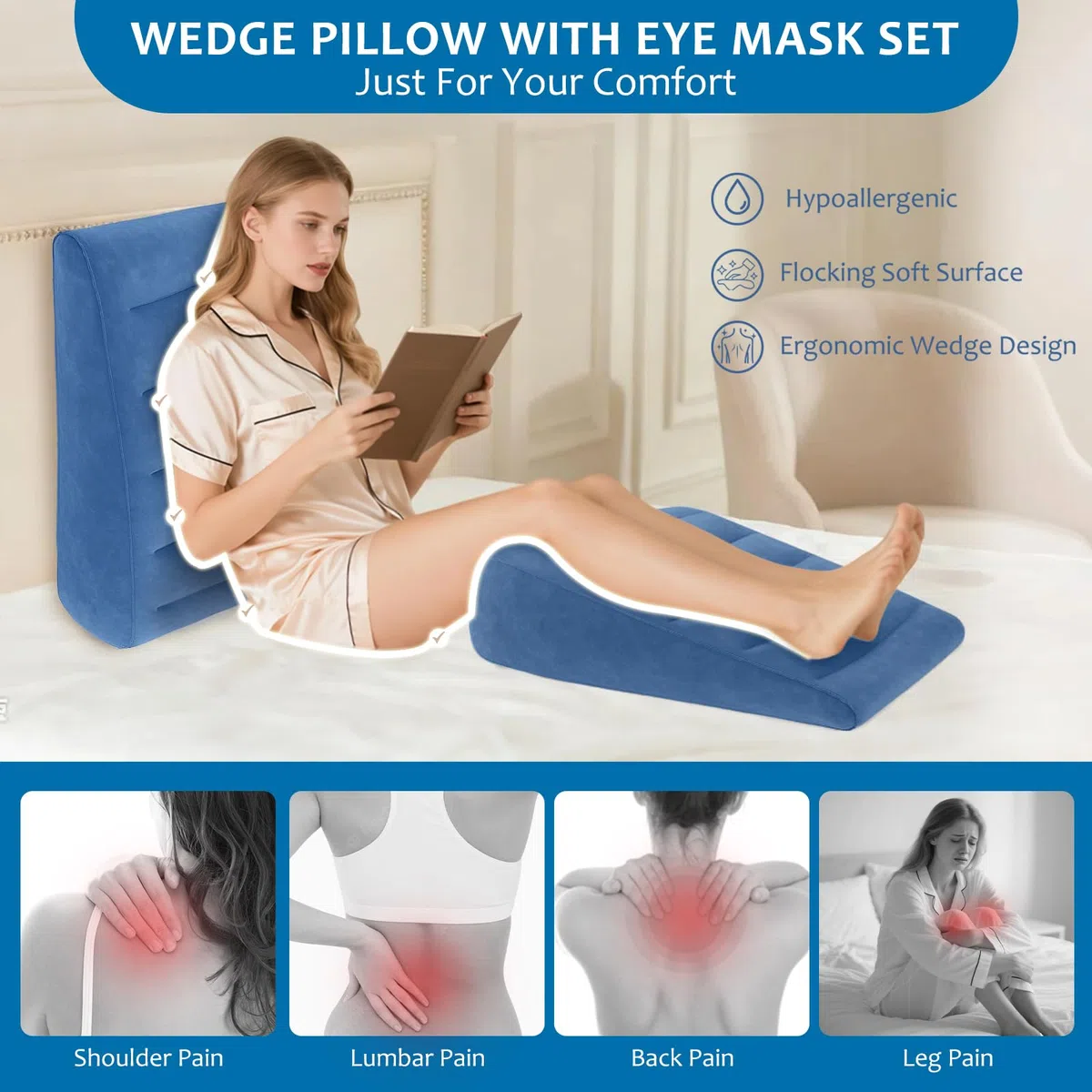 Coussin cale gonflable portable avec masque de sommeil – Cale de matelas pour anti-ronflement, coussin anti-reflux pour lit et canapé, coussin cale de lit pour sommeil, repos, cale de lit pour tête de