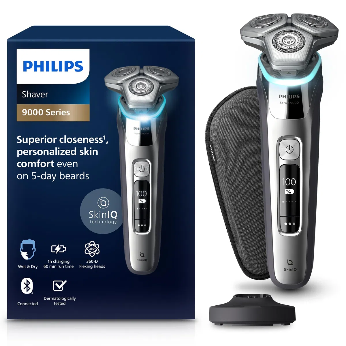 Philips S9000 - rasoir électrique Wet & Dry pour hommes couleur Argent chromé avec lames Lift & Cut, technologie SkinIQ, tondeuse à barbe, socle de charge et étui de transport (modèle S9975/35)