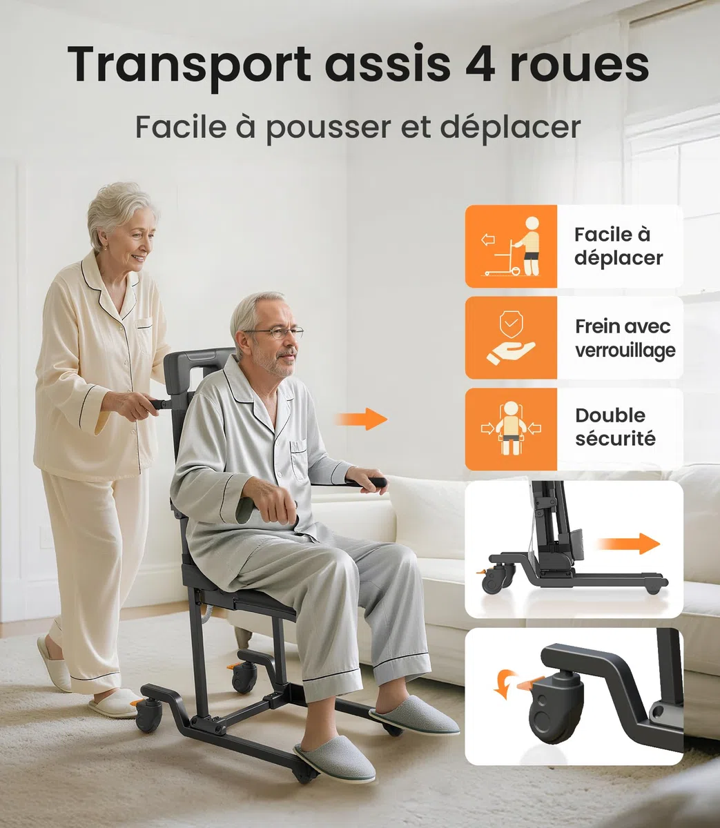 VOCIC AX35 Aide au relevage avec Transfert, roulettes et Freins | Senior domicile, aide après chute, lève-personne transfert, lit canapé fauteuil roulant, 4 roues avec freins compact 160KG