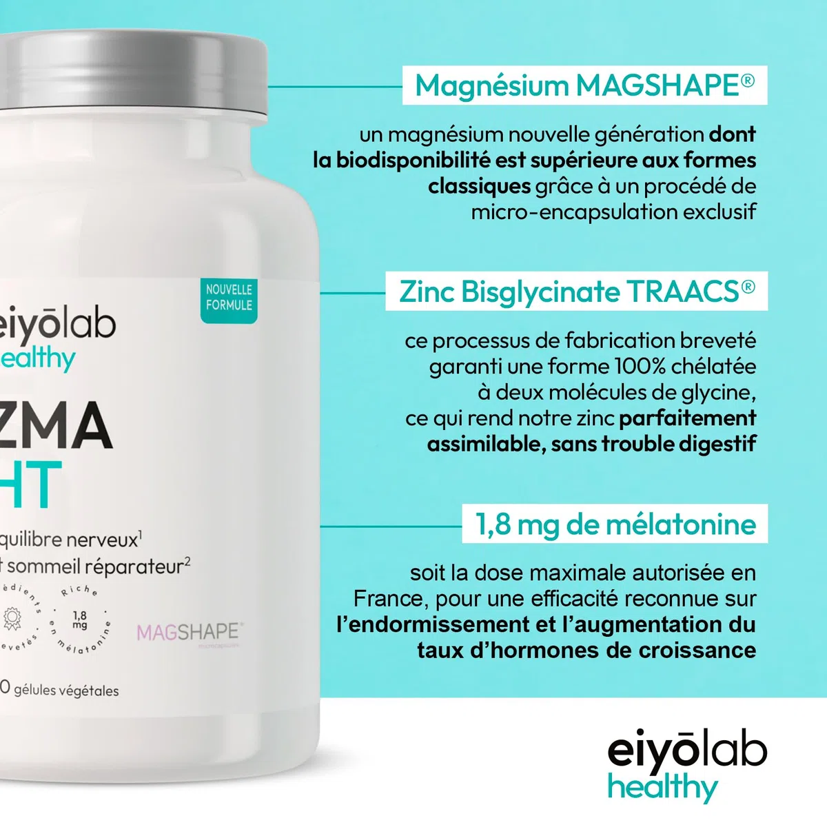 ZMA HT | Zinc Bisglycinate + Magnésium + Mélatonine | Dosage Optimal | Facilite l’endormissement et la Récupération Musculaire | 90 Gélules | Fabriqué en France | Eiyolab