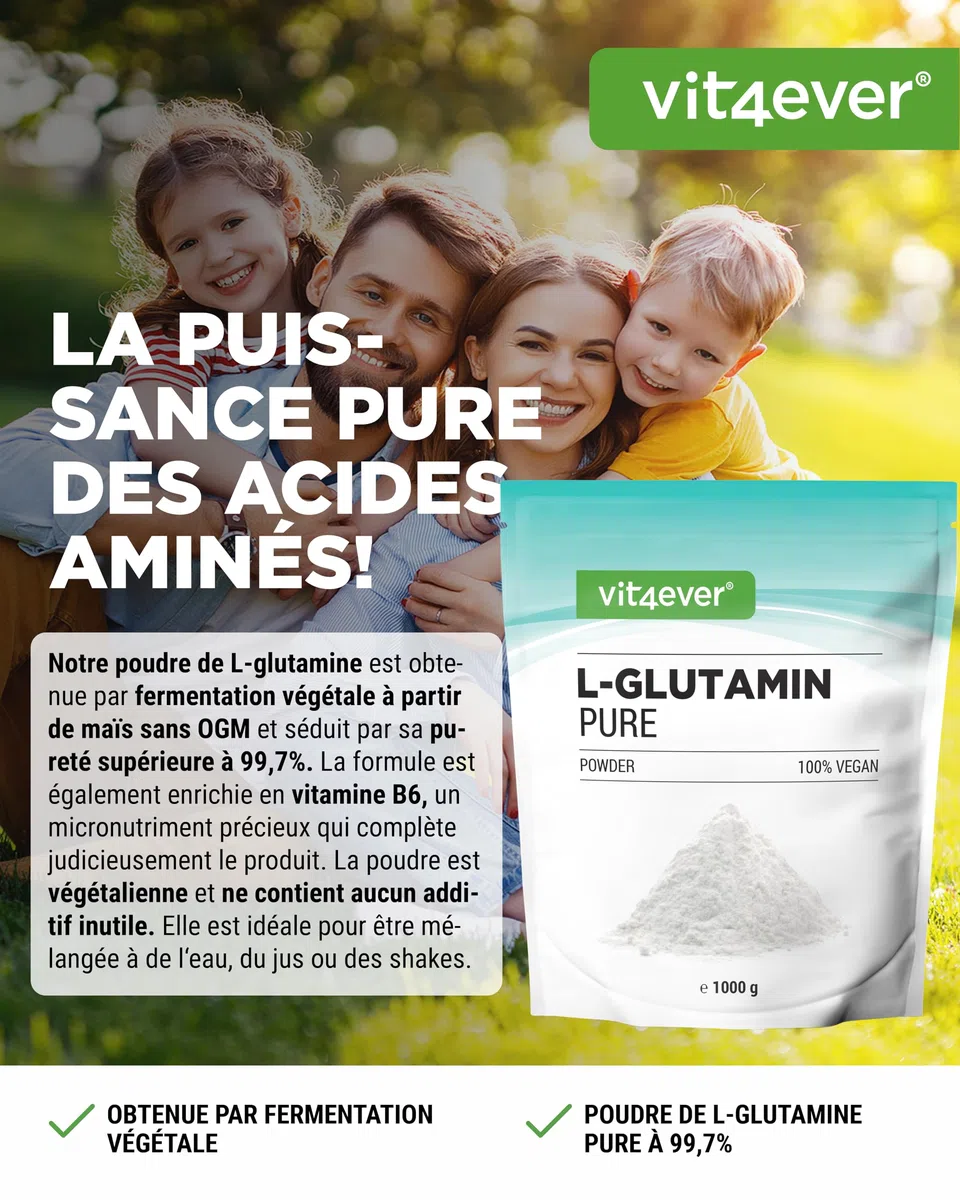 vit4ever Poudre de L-glutamine – 1000 g / 1 kg – Poudre d’acides aminés ultra pure, extra hautement dosée – 100% végane – Produite par fermentation végétale