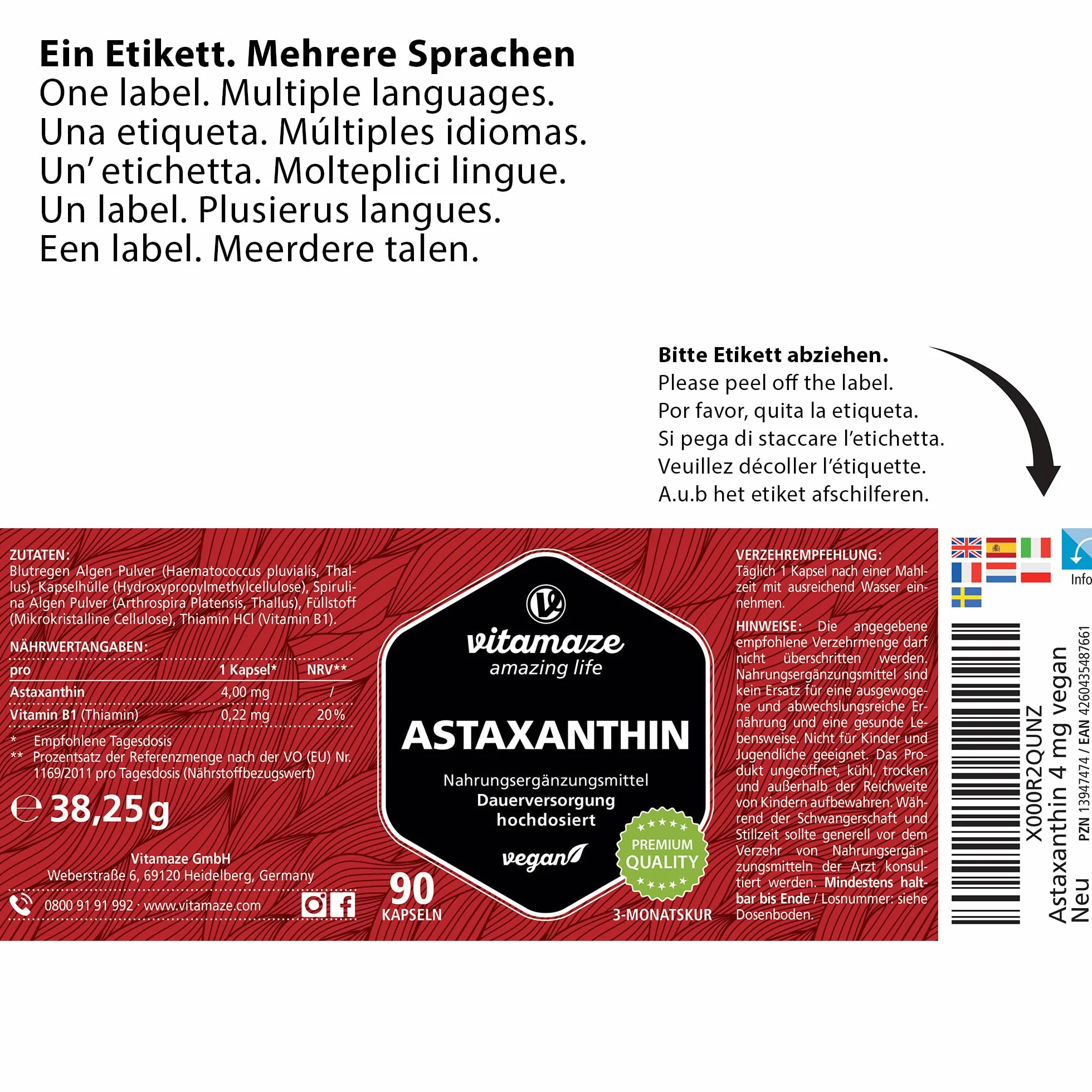 Astaxanthine avec Thiamine pour 3 Mois - 4mg Pure Astaxanthine a partir de Algues Haematococcus - Naturelle et Vegan en Poudre provenant D'Algues, 90 Capsules