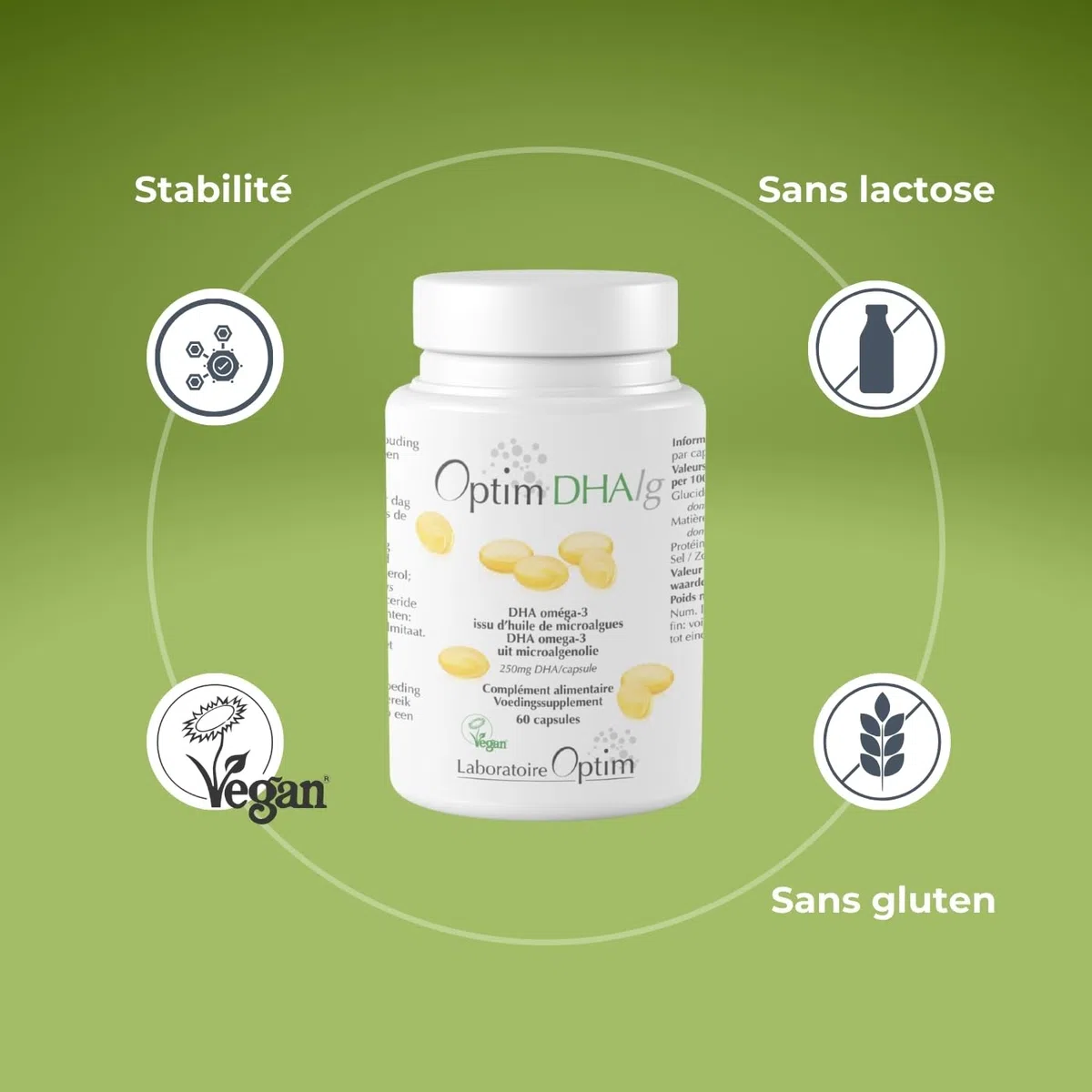 OPTIM DHAlg Oméga 3 DHA Vegan 250 mg, 60 gélules | Huile de microalgues Schizochytrium, Sans poisson, Vegan Society, Cerveau & Vision