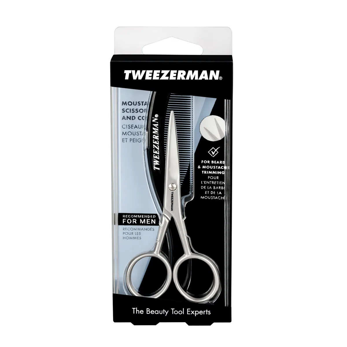 TWEEZERMAN Ciseaux à barbe et peigne à barbe (Moustache Scissors & Comb Set, Trim and Cutting, Ergonomic Design), argent
