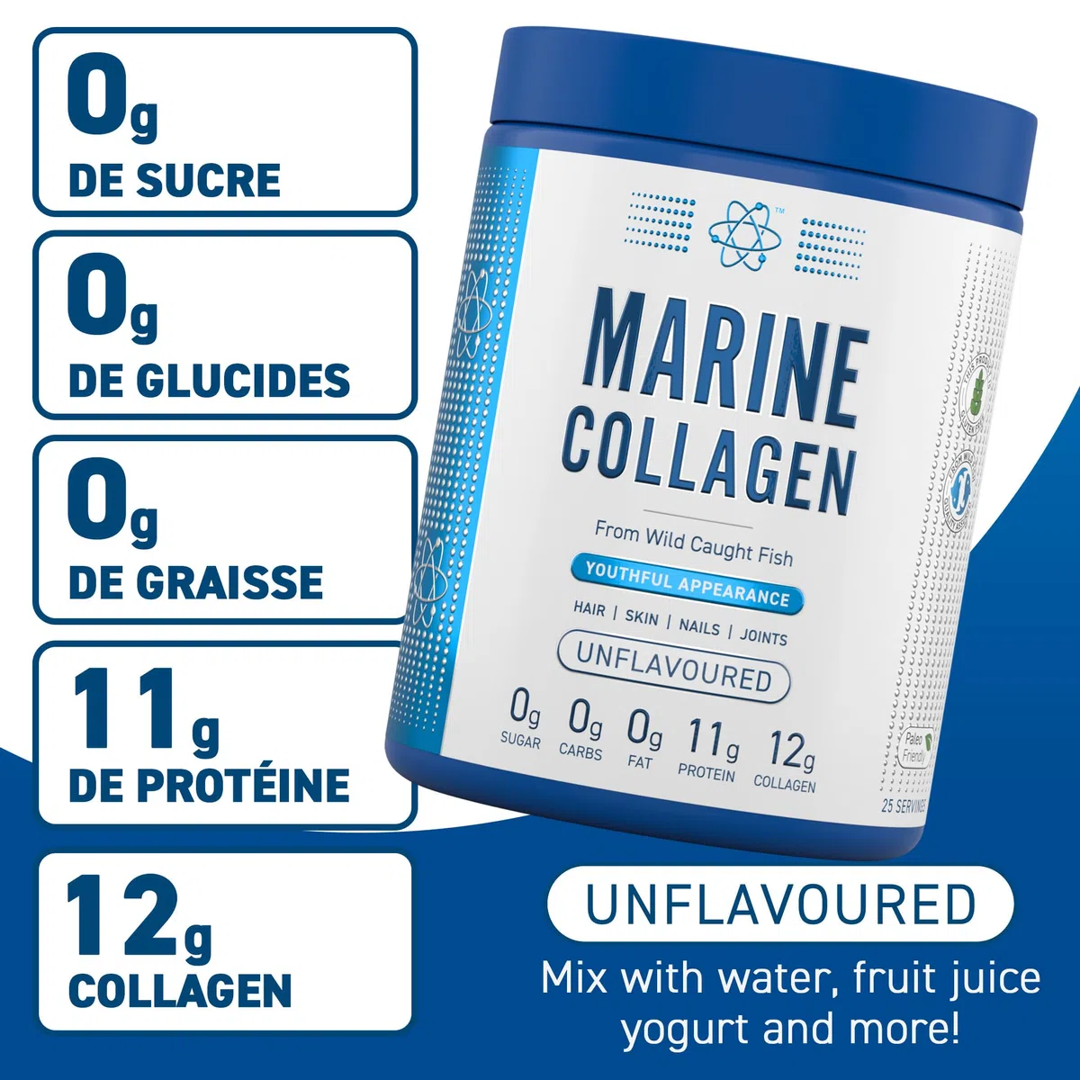 Applied Nutrition Collagène marin en poudre - Protéine de collagène hydrolysée, peau, cheveux et ongles sains (sans saveur) (300 g - 25 portions)