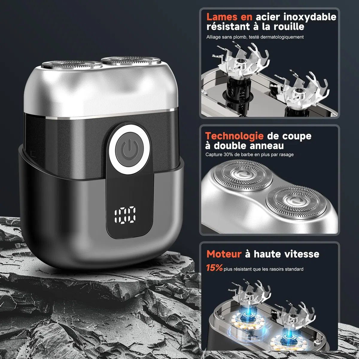 Mini Rasoir Électriques pour Hommes avec Affichage LED, Rasoir Électrique Étanche IPX6, Mini Rasoir Portable Silencieux et Lavable, Rasoir Homme Gris