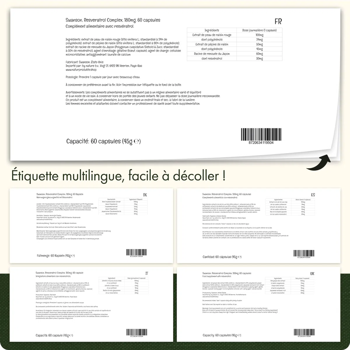 Swanson, Resveratrol Complex, 180mg, 60 Capsules, Haute Dosé, Sans Soja, Sans Gluten, Sans OGM