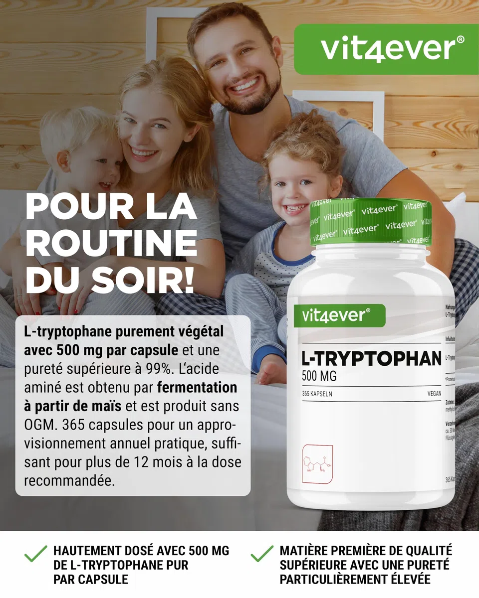 L-Tryptophane - Hautement Dosé avec 500 mg par Gélule - 365 Gélules Véganes - Réserve de 12 Mois - Issu de Fermentation Végétale - sans Additifs Inutiles, Végan