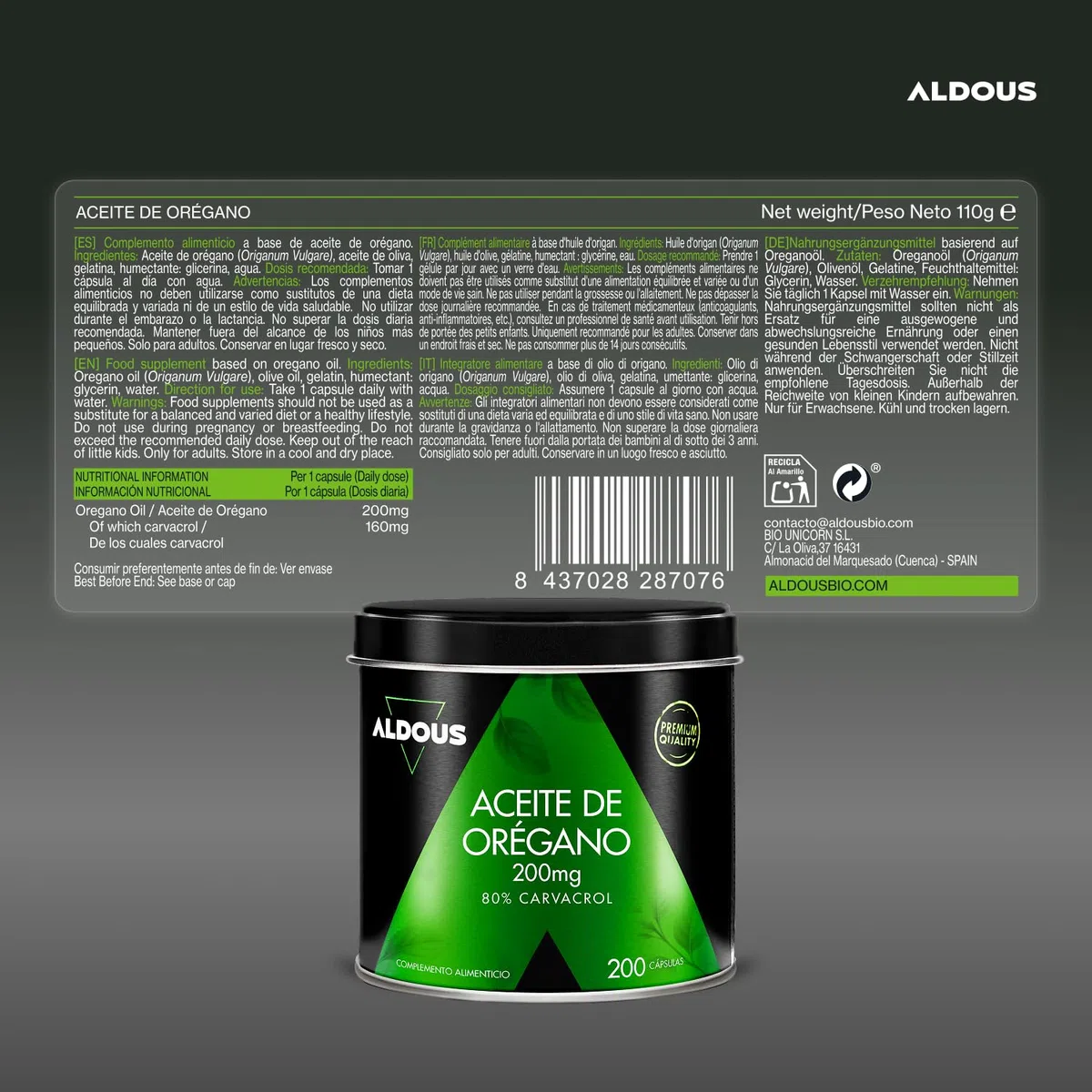 Huile d'origan en gélules avec 160 mg de carvacrol - 200 gélules - 1 par jour - Renforcement naturel du système immunitaire - Bien-être digestif et antioxydant - 80% de carvacrol - Sans additifs